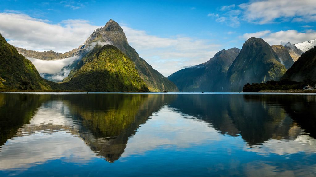 Milford Sound in New Zealand - the mountains reflect off the water