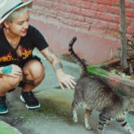 Volunteer stroking a cat that is walking off