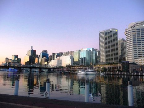 Australia working overseas skyline of offices with reflection