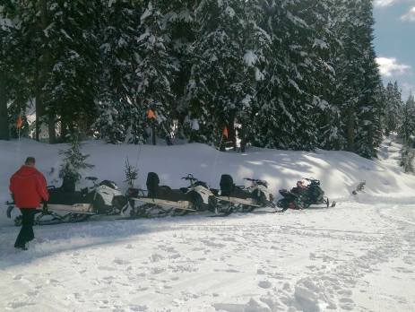 snowmobiles lined up in Callaghan Valley