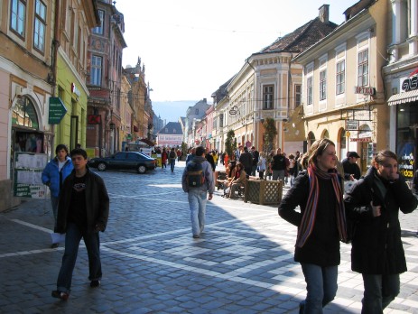 People walking on street in Romania