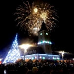 Fireworks go off over Brasov town square to welcome in 2018.