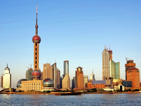 Pudong skyline in Shanghai with blue sky