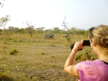 Volunteer in Uganda collects data about rhinos, stopping for a quick photo