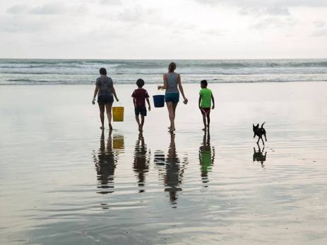 A family takes buckets of baby turtles down the beach to be released back to the sea on their family holiday with a difference in Costa Rica