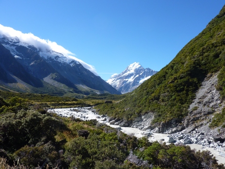 View down the valley to Mount Cook, New Zealand